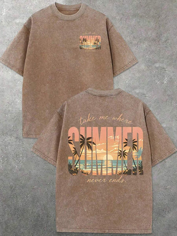 Washed cotton summer graphic T-shirt with a tropical sunset back print