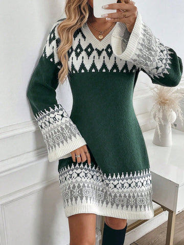 This retro-inspired Clasi V-neck sweater dress features a unique contrast color jacquard design that adds a touch of sophistication to any outfit. Made with high-quality materials, this dress is both comfortable and stylish. Perfect for any occasion, this dress is a must-have for any fashion-forward individual.