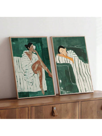 Add a touch of retro chic to your modern home with this set of 2 unframed abstract woman art posters in striking emerald green. Perfect for adding a pop of color and personality to your walls, these posters are sure to make a statement.