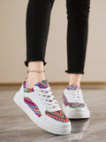 Step back in time with Retro Chic: Versatile Print & Color Block Platform Sneakers. These fashionable kicks offer effortless style with a fun twist. The platform design adds a playful touch while the versatile print and color block make it easy to pair with any outfit. Don't miss out on these retro gems!