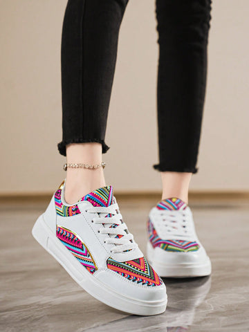 Step back in time with Retro Chic: Versatile Print & Color Block Platform Sneakers. These fashionable kicks offer effortless style with a fun twist. The platform design adds a playful touch while the versatile print and color block make it easy to pair with any outfit. Don't miss out on these retro gems!