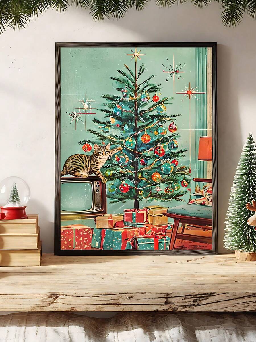 Decorate for the holidays with a Retro Christmas Cat Canvas Poster featuring vintage Santa and tree art, perfect for cat lovers and mid century homes.
