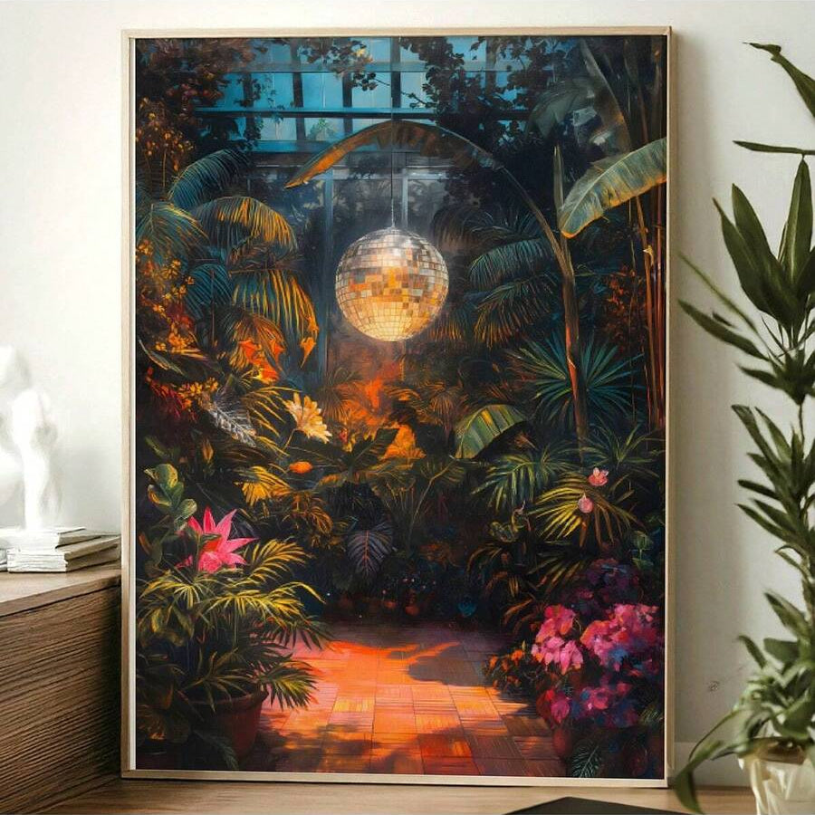 Framed retro disco ball botanical canvas art above living room console with plants