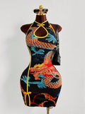 Embrace timeless elegance with this striking retro dragon print cheongsam dress. Featuring a flattering halter neck design and form-fitting bodycon silhouette, this mini skirt celebrates traditional Asian aesthetics with a modern twist. The vibrant color palette brings the mythical dragon motif to life, making it perfect for standout occasions, themed events, or anyone seeking bold, culturally-inspired fashion. 