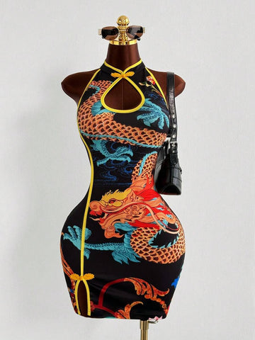 Embrace timeless elegance with this striking retro dragon print cheongsam dress. Featuring a flattering halter neck design and form-fitting bodycon silhouette, this mini skirt celebrates traditional Asian aesthetics with a modern twist. The vibrant color palette brings the mythical dragon motif to life, making it perfect for standout occasions, themed events, or anyone seeking bold, culturally-inspired fashion. 