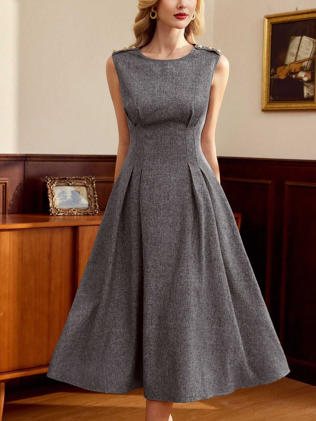 Get ready to turn heads in this Retro Elegant Midi Dress! With a sleek grey flare design and chic metal buttons, you'll be the epitome of style and elegance. Perfect for any occasion, this dress will make you stand out in the most sophisticated way.