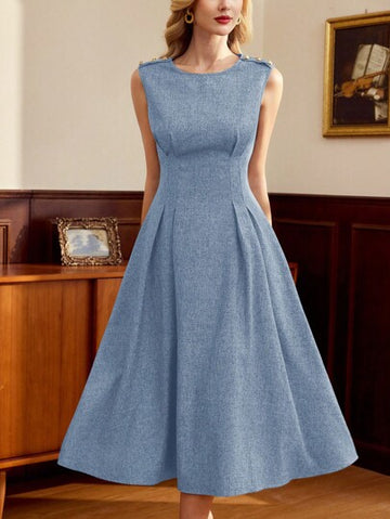 Unleash your inner retro vibe with our Elegant Sleeveless Grey Midi Dress! This throwback piece features a stylish metal button detail and is perfect for all seasons and special occasions. Upgrade your wardrobe and make a statement in this must-have dress.