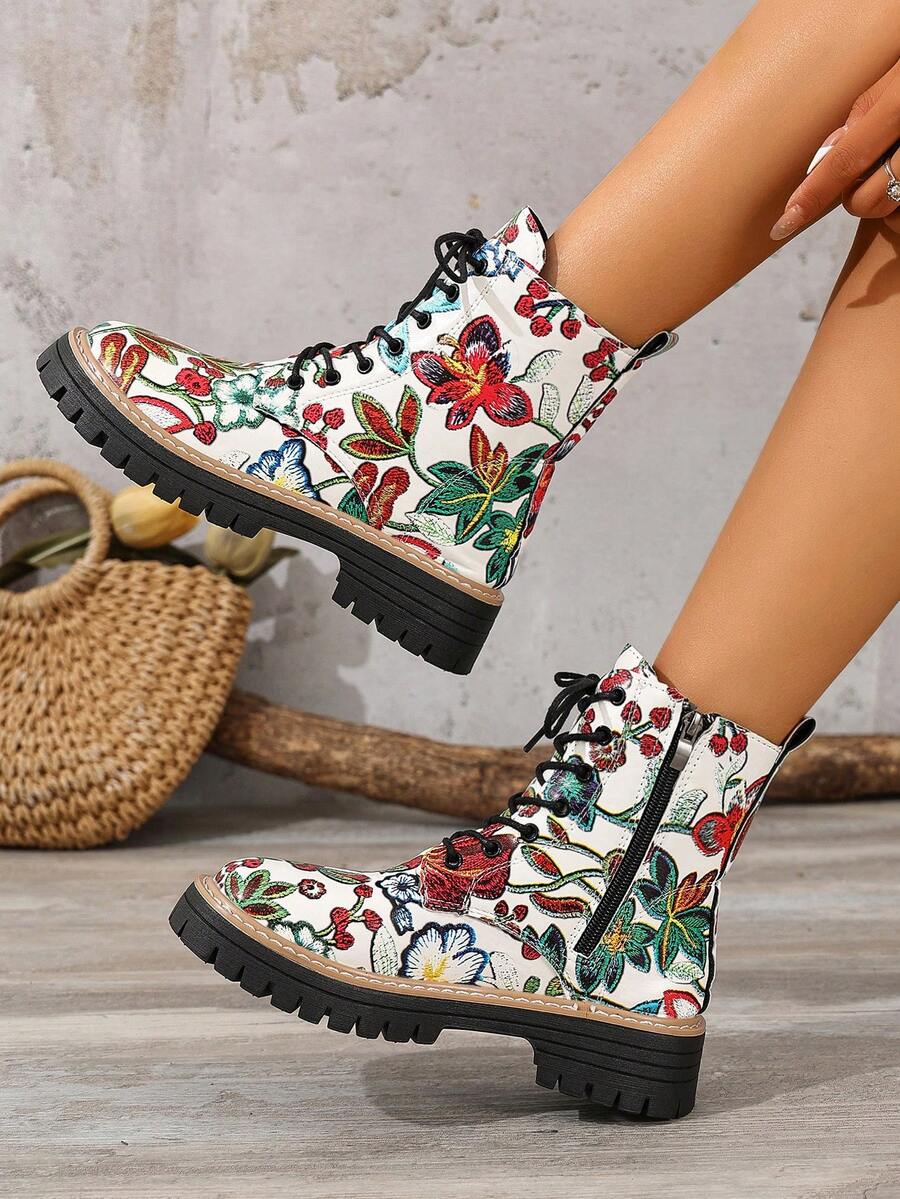 Back view of Retro Flower Print Chunky Ankle Boots for Women – Stylish Fabric Combat Boots with Thick Sole for Streetwear Fashion for punk motorcycle boot styling