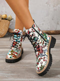 Front view of Retro Flower Print Chunky Ankle Boots for Women – Stylish Fabric Combat Boots with Thick Sole for Streetwear Fashion for punk motorcycle boot styling