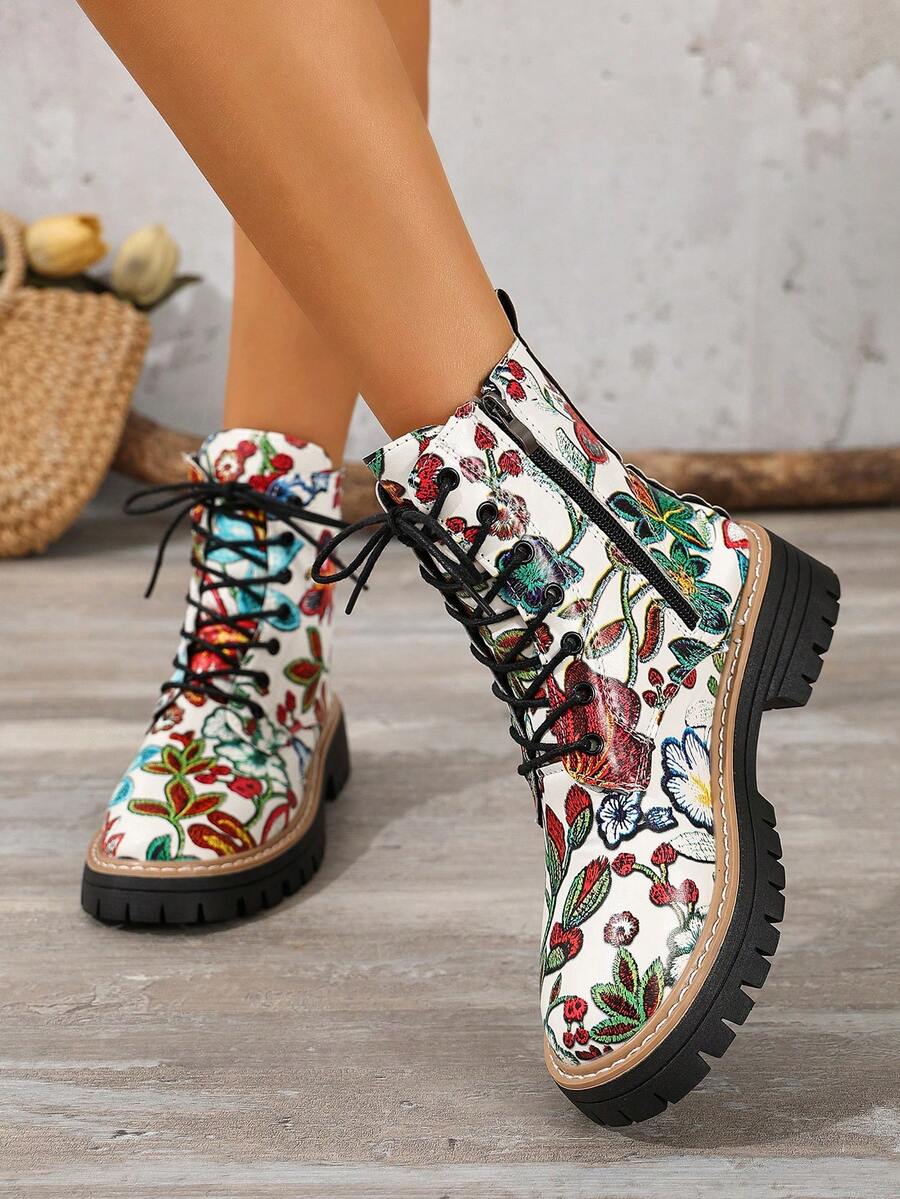 Front view of Retro Flower Print Chunky Ankle Boots for Women – Stylish Fabric Combat Boots with Thick Sole for Streetwear Fashion for punk motorcycle boot styling