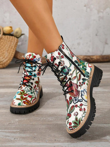 Front view of Retro Flower Print Chunky Ankle Boots for Women – Stylish Fabric Combat Boots with Thick Sole for Streetwear Fashion for punk motorcycle boot styling