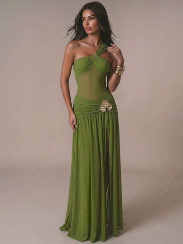 Retro French Olive Green Knit Asymmetric Bandeau Dress with Ruched Mesh and Metal Detail 