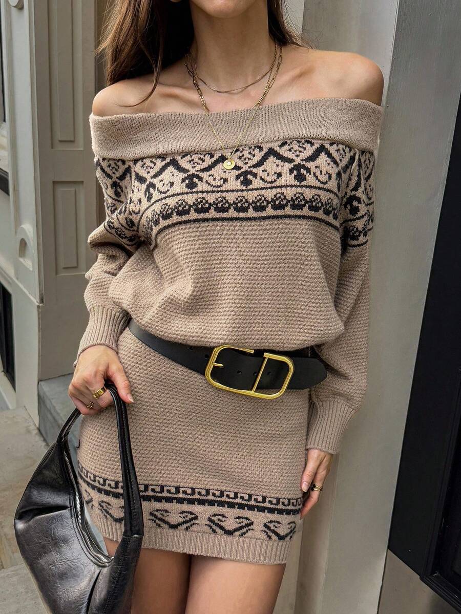 Taupe off shoulder geometric jacquard knit mini dress front view