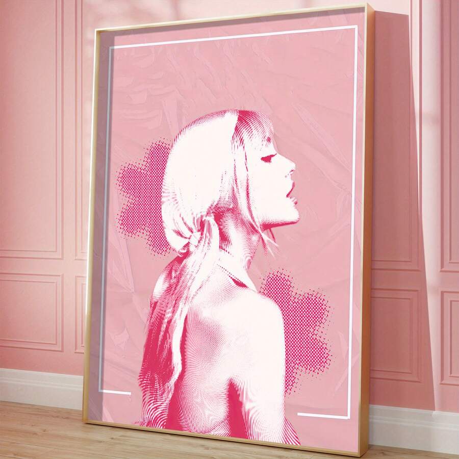 Pink pop-art portrait wall poster in a warm wood frame