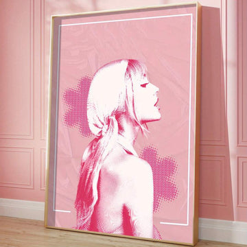 Pink pop-art portrait wall poster in a warm wood frame
