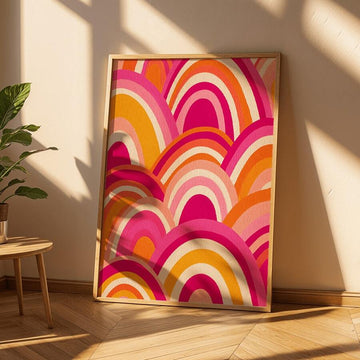 Retro geometric rainbow arch wall art in fuchsia, pink, orange, and burgundy