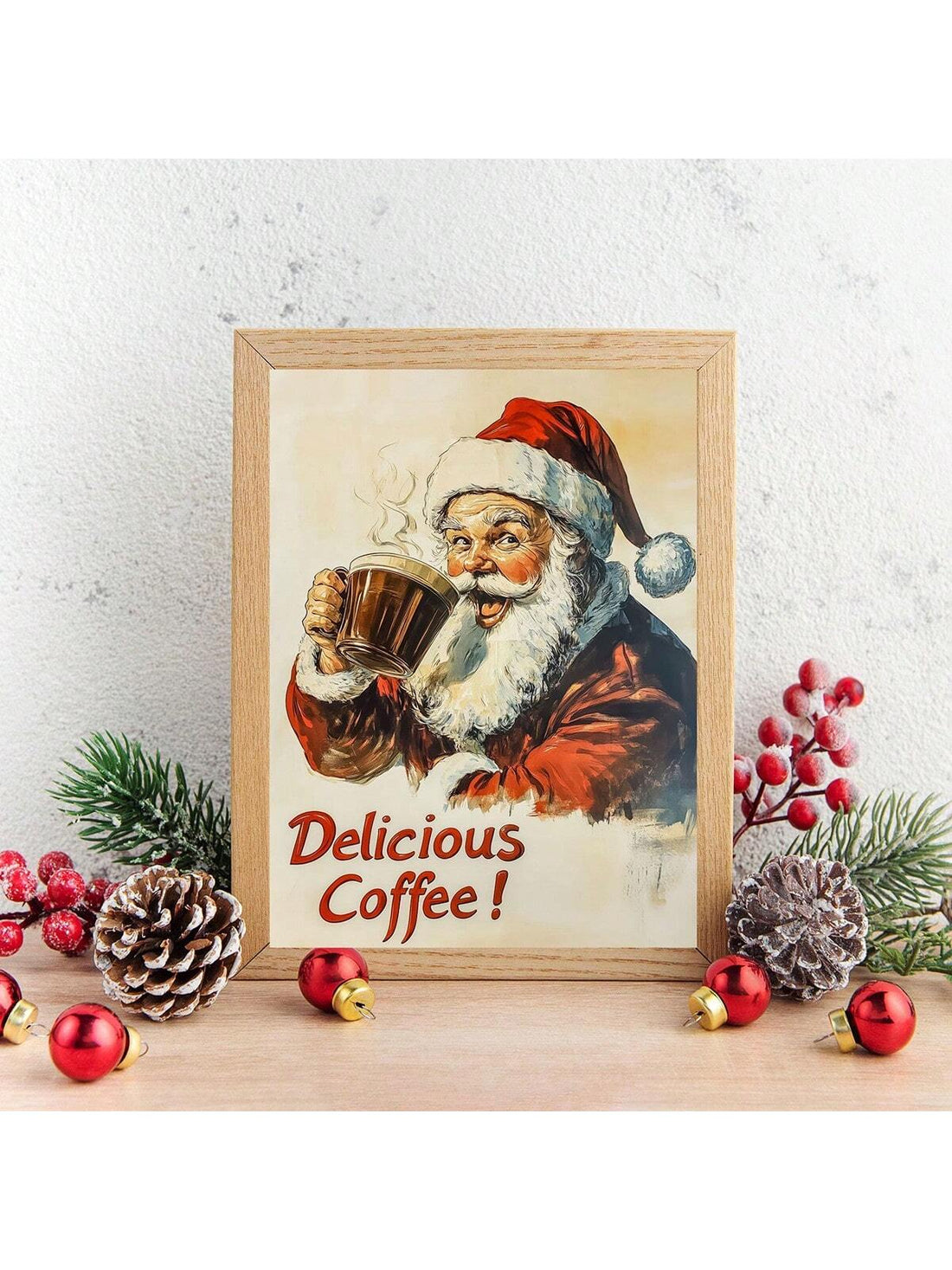 Bring the nostalgic holiday spirit into your home with this retro Santa Claus coffee print! Featuring vintage Christmas vibes, this unframed wall art adds a cozy touch to your home decor. Start your day with a warm cup of coffee and this festive print, perfect for the holiday season!