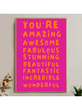 Retro typography wall art with uplifting words in orange on a pink background