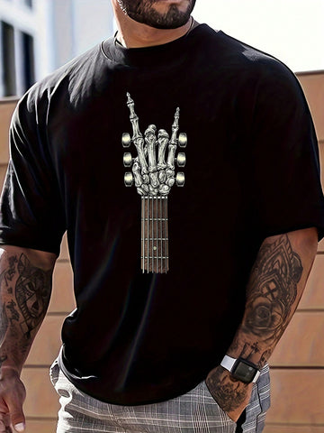 This men's t-shirt features a bold and unique design: a skeleton hand formed by the neck of an electric guitar. Show off your love for rock and roll with this comfortable and stylish shirt. Perfect for music enthusiasts and concert-goers alike.