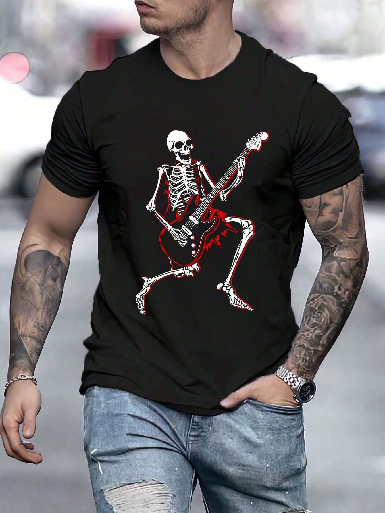 Unleash your inner rockstar with our Rock and Roll Reaper tee. Featuring a bold guitar skeleton print, this tee is perfect for music lovers and adds a cool edge to any outfit. Made from premium materials, it's comfortable and durable for all-day wear. Get ready to rock out in style.