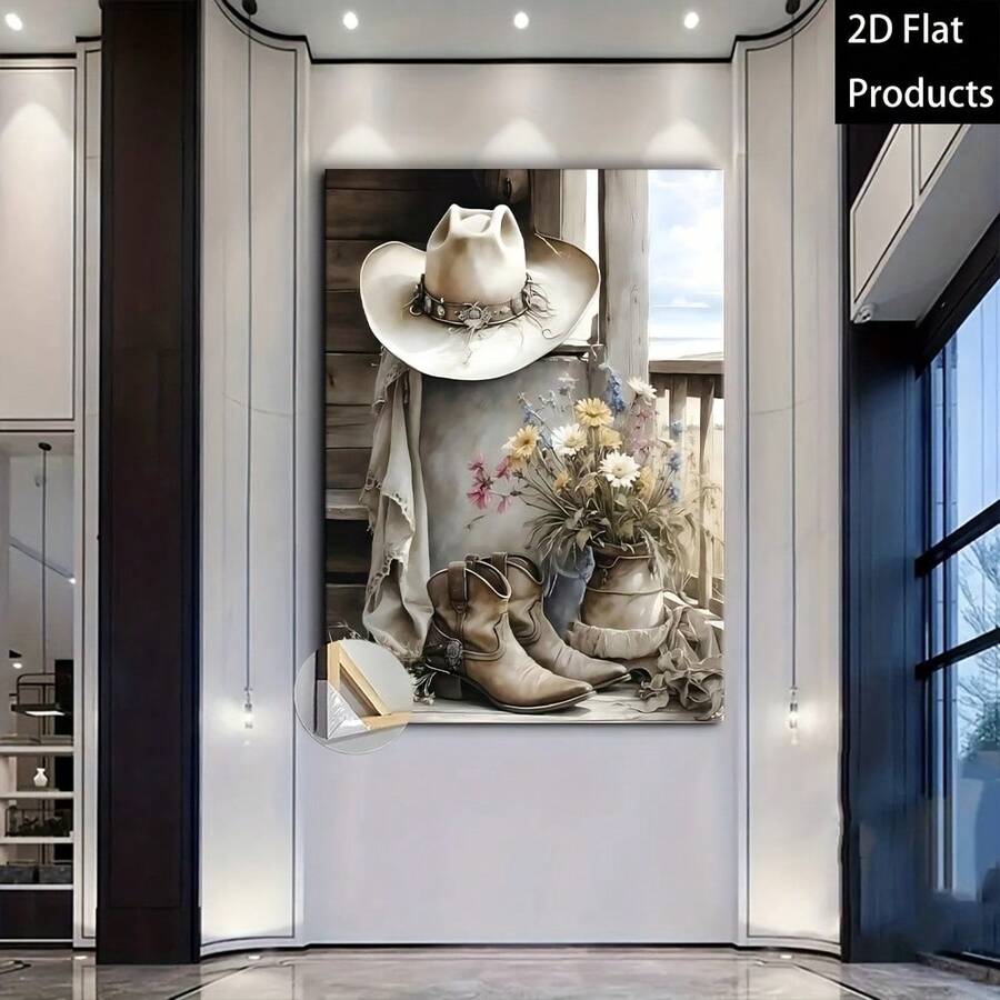 Western cowboy hat and boots canvas art in hallway mockup