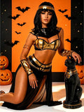 Front kneeling view of black and gold Roman empress costume with head chain, collar, bracers, and sheer split skirt