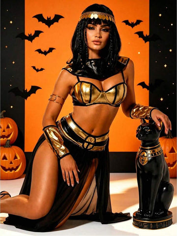 Front kneeling view of black and gold Roman empress costume with head chain, collar, bracers, and sheer split skirt