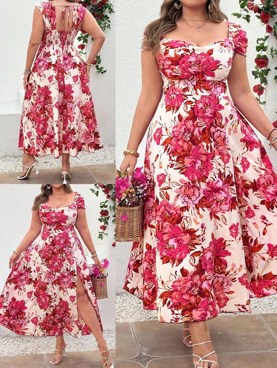 Step into charm and comfort with this Romantic Floral Plus Size A-Line Dress. Its flowing silhouette flatters every curve, while the vibrant floral pattern adds a touch of whimsy perfect for elegant parties or sunny vacations. Feel confident and carefree as you twirl through special moments in this playful, flattering dress made just for you.