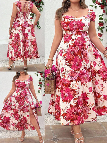 Step into charm and comfort with this Romantic Floral Plus Size A-Line Dress. Its flowing silhouette flatters every curve, while the vibrant floral pattern adds a touch of whimsy perfect for elegant parties or sunny vacations. Feel confident and carefree as you twirl through special moments in this playful, flattering dress made just for you.