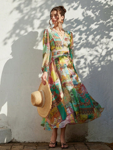 Indulge in a flirty and feminine look with our Romantic Lace Hollow Floral Print Chiffon Dress. This elegant spring/summer outfit boasts delicate lace accents and a beautiful floral print, perfect for a romantic evening or a daytime event. Embrace the season with style and charm in this must-have dress.