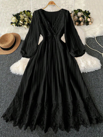 Step into charm and grace with this Romantic Plus Size V-Neck Maxi Dress, designed to flatter your curves effortlessly. The deep V-neckline and delicate contrast lace add a touch of whimsy, while the flowing maxi silhouette moves with you, making every moment feel enchanting. Perfect for date nights or garden parties, this dress invites you to embrace elegance with a playful twist.