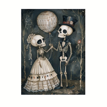 Enhance the ambiance of your space with the Romantic Skeleton Couple Wall Art Poster. Made with waterproof materials, this painting features a hauntingly romantic image of a skeleton couple. The perfect addition to any spooky or Gothic-themed decorations.