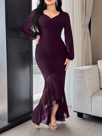 Elevate your wardrobe with this sophisticated fishtail dress, designed to flatter and inspire confidence. The sweetheart neckline frames the face beautifully, while long sleeves provide elegant coverage and versatility across seasons. A graceful ruffle hem adds movement and dimension to the silhouette, creating a romantic, feminine aesthetic. Available in plus sizes, this dress accommodates diverse body types without compromising on style. The solid color palette ensures effortless pairing with accessories 