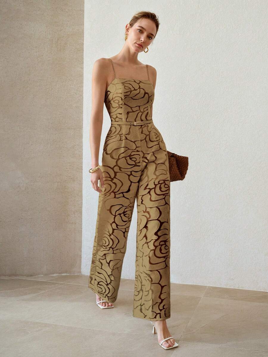 Full front view of khaki rose texture wide-leg jumpsuit styled with white heels and clutch