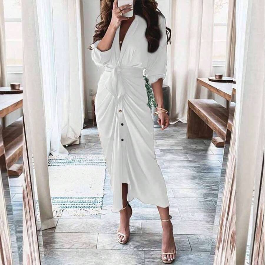 Shop a white ruched shirt midi dress for women with a belted waist and button-front design. Perfect for office wear, workdays, brunch, and everyday style.