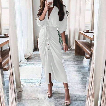 Shop a white ruched shirt midi dress for women with a belted waist and button-front design. Perfect for office wear, workdays, brunch, and everyday style.