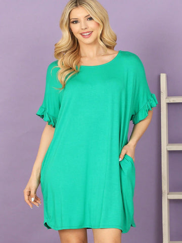 Flirty and fashionable, this Ruffle Short Sleeve Boat Neck dress is perfect for any occasion. The side pockets add a touch of practicality to this playful mini dress. Stay stylish and comfortable with its soft fabric and trendy ruffle sleeves. Dress it up or down, this versatile piece is a must-have for any wardrobe.