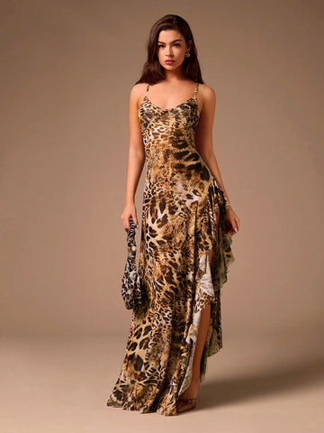Embody retro glamour effortlessly with our Ruffled Leopard Mesh Maxi Dress. The high slit adds an alluring touch, while the ruffled detailing and mesh material add a touch of playfulness. Perfect for any occasion, this dress exudes elegance and boldness. (Rawr!)