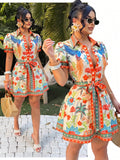 Collage front views of cream tropical floral bird print belted mini shirt dress with red trim