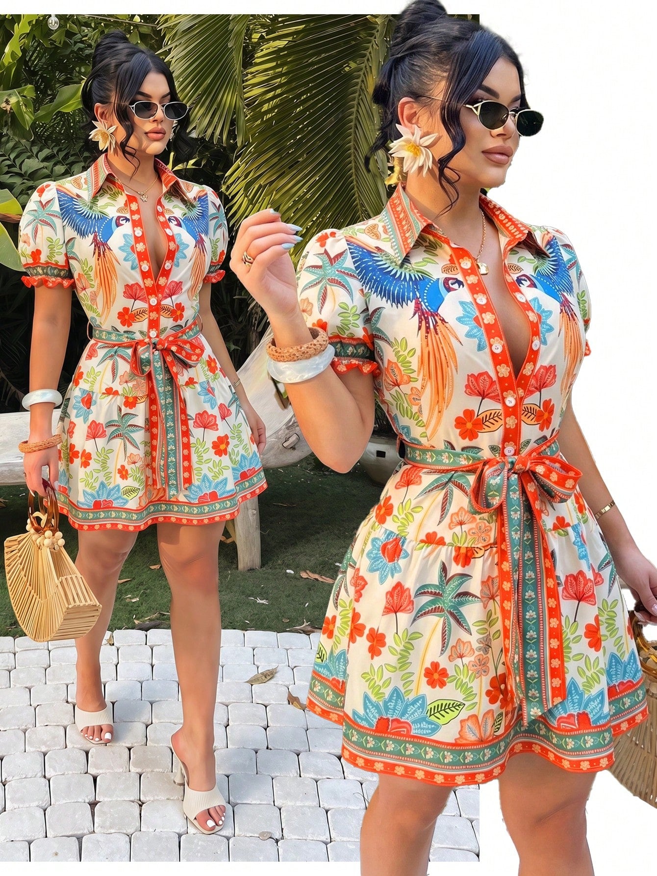 Collage front views of cream tropical floral bird print belted mini shirt dress with red trim