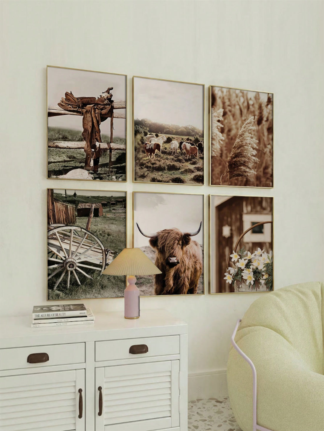 Bring a warm farmhouse vibe to any room with this playful 6-piece wall art set featuring charming cow and horse designs. Each rustic piece adds a touch of boho country cheer, perfect for creating a cozy, inviting atmosphere. Ideal for animal lovers who want to infuse their space with rustic charm and a hint of whimsy.