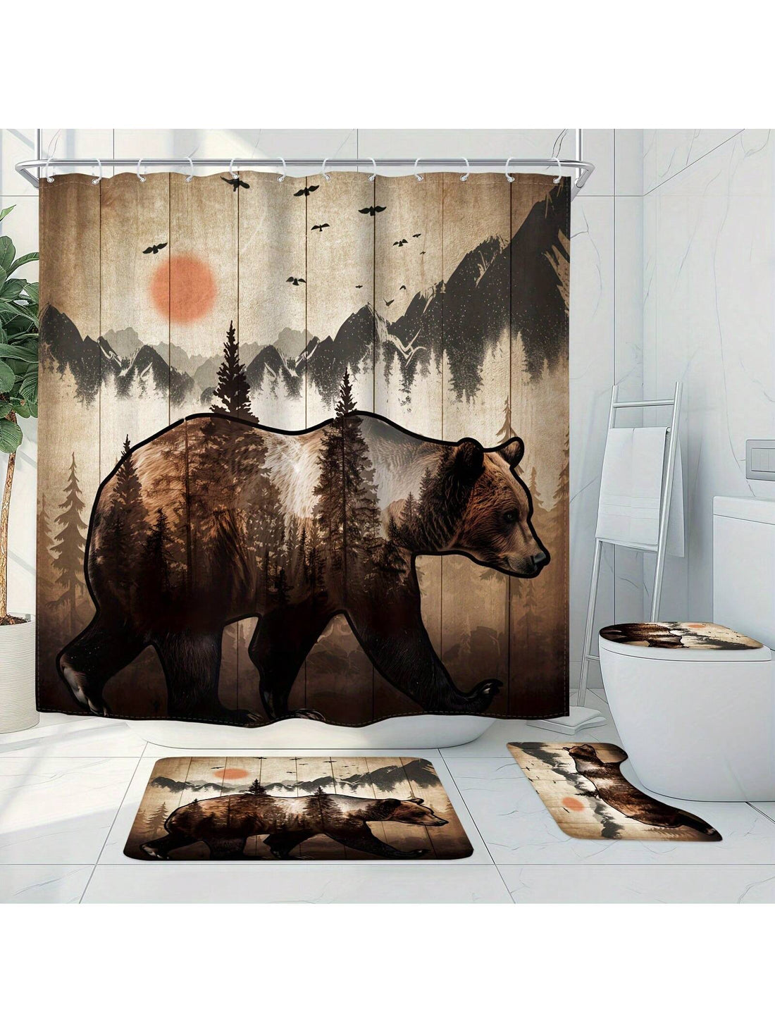 Transform your bathroom into a cozy cabin with our Rustic Bear Curtain Set. This 4-piece set includes a waterproof shower curtain, non-slip mats, and hooks for easy installation. Bring a touch of nature into your daily routine and keep your floors safe with this adorable set.