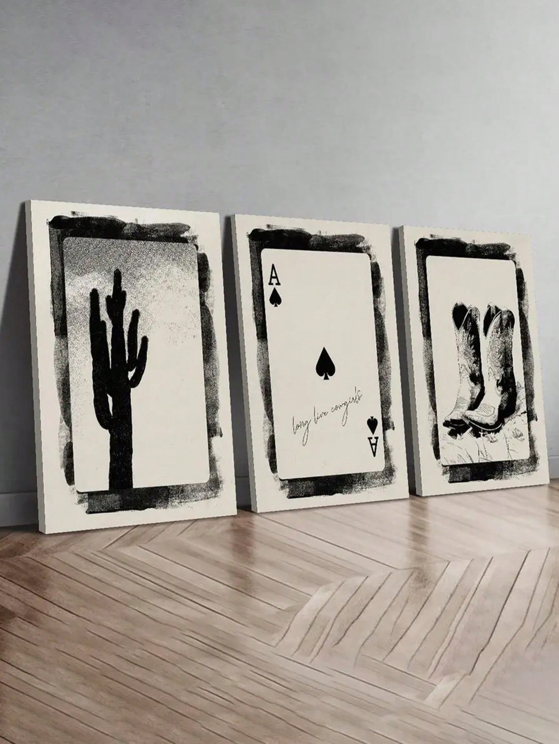 Saddle up and add a touch of rustic charm with this 3-piece canvas wall art set. Featuring a cowboy-themed design, this set is perfect for adding a modern farmhouse vibe to any room. Yeehaw!