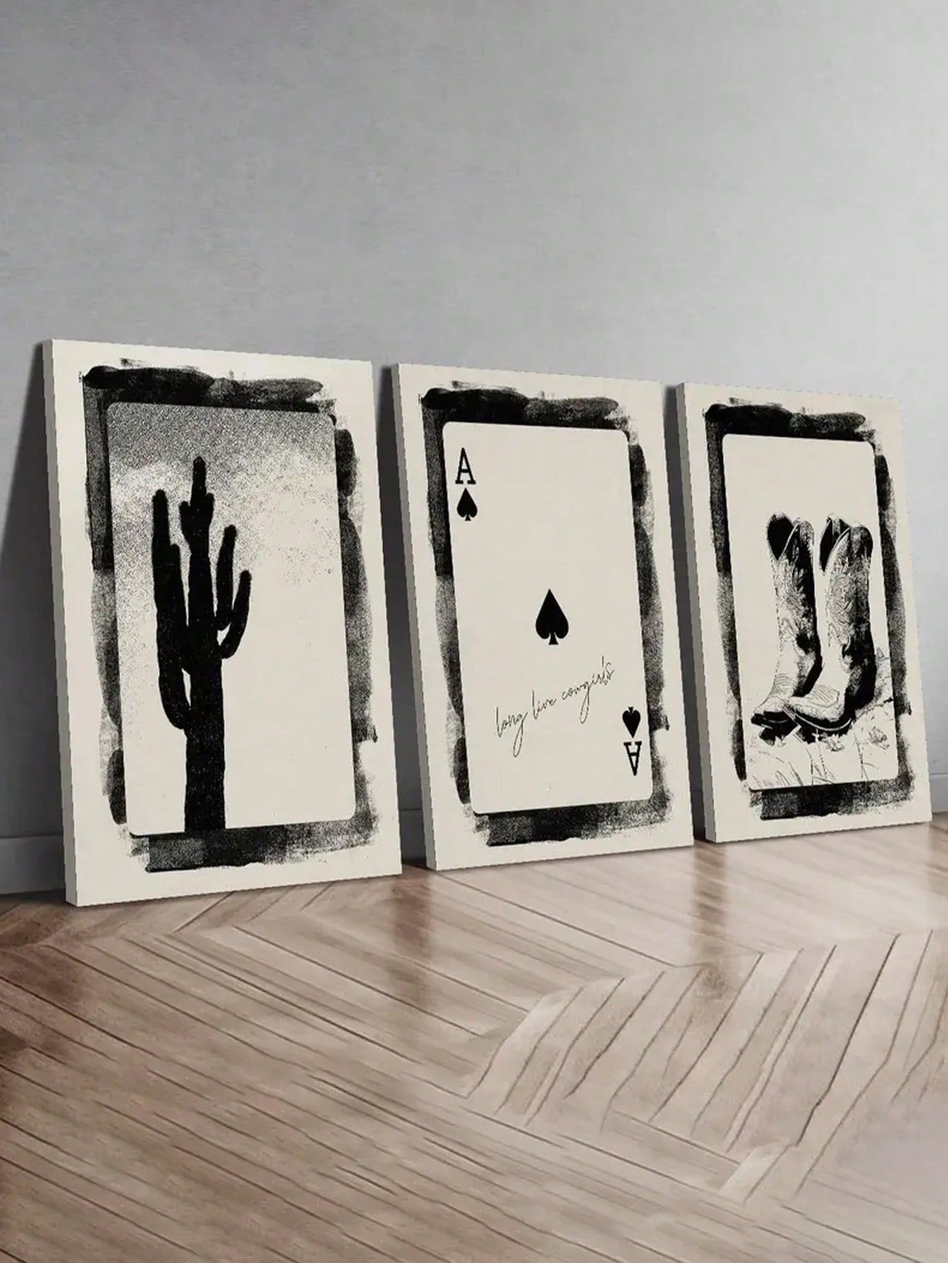 Saddle up and add a touch of rustic charm with this 3-piece canvas wall art set. Featuring a cowboy-themed design, this set is perfect for adding a modern farmhouse vibe to any room. Yeehaw!