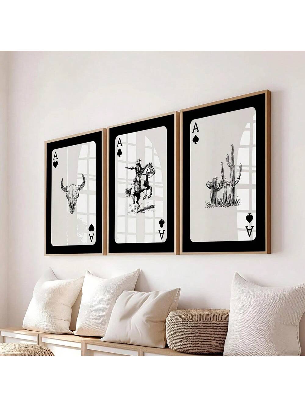 Bring a touch of rustic charm to your home decor with this set of 3 unframed longhorn bull skull art prints. Perfect for adding a minimalist cowboy aesthetic, these high-quality prints are sure to add character to any room. (Yeehaw!)