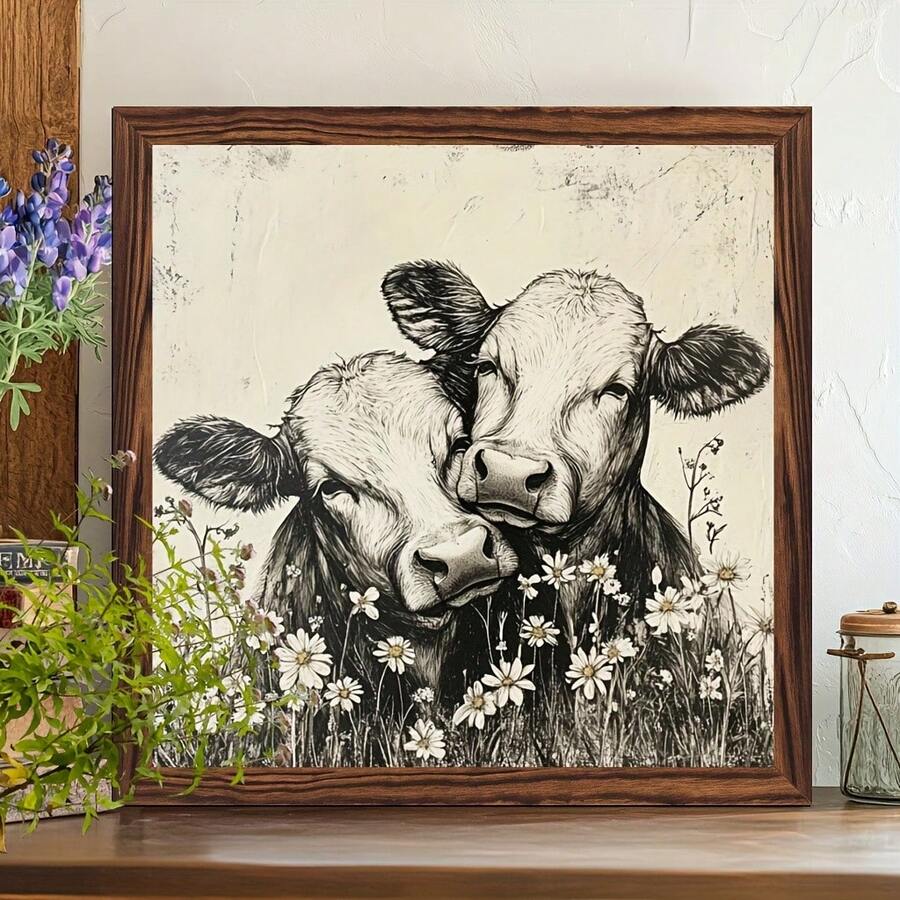 Double cow wall art with two calves nuzzling in daisies