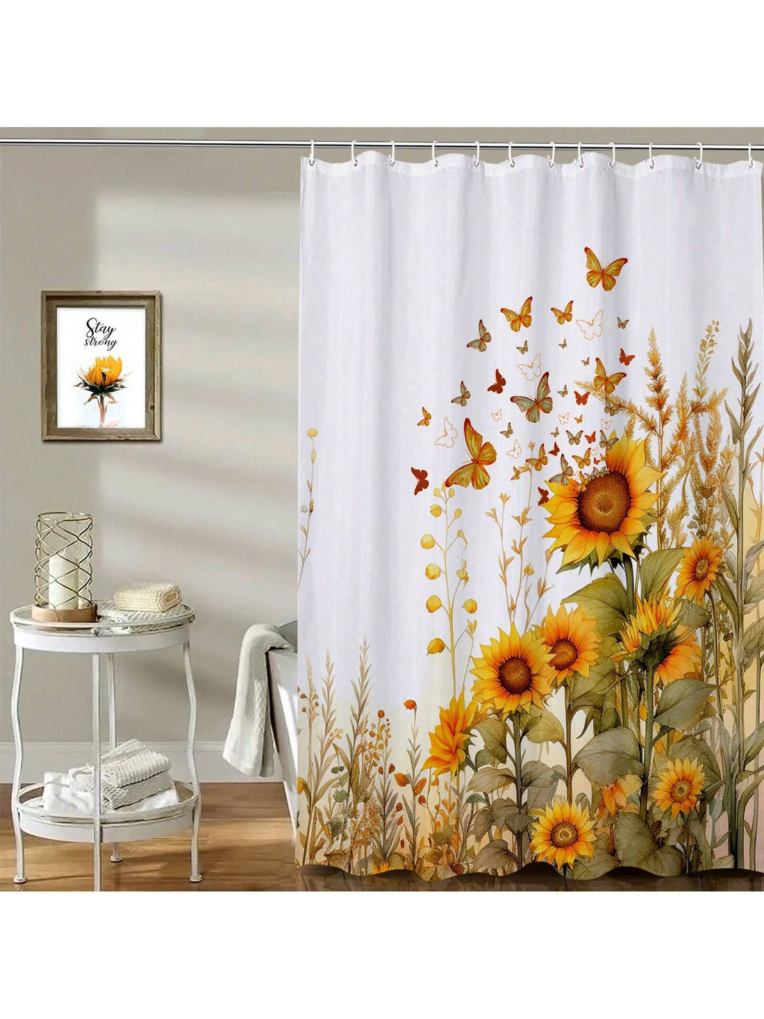 Enhance your bathroom with the Rustic Floral Warmth Shower Curtain Set. Featuring a beautiful autumn sunflower and butterfly design, this set adds a touch of nature to your space. Made with high-quality fabric, it is both durable and stylish. 