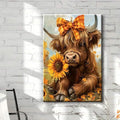 Highland cow sunflower art with orange plaid bow