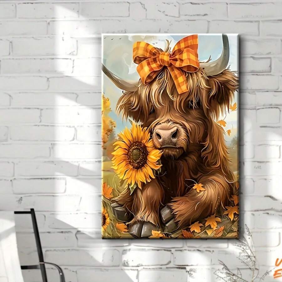 Highland cow sunflower art with orange plaid bow