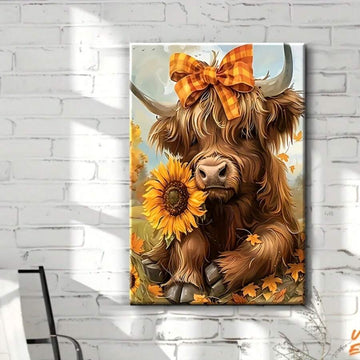 Highland cow sunflower art with orange plaid bow